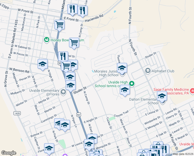 map of restaurants, bars, coffee shops, grocery stores, and more near 24 Rio Seco in Uvalde