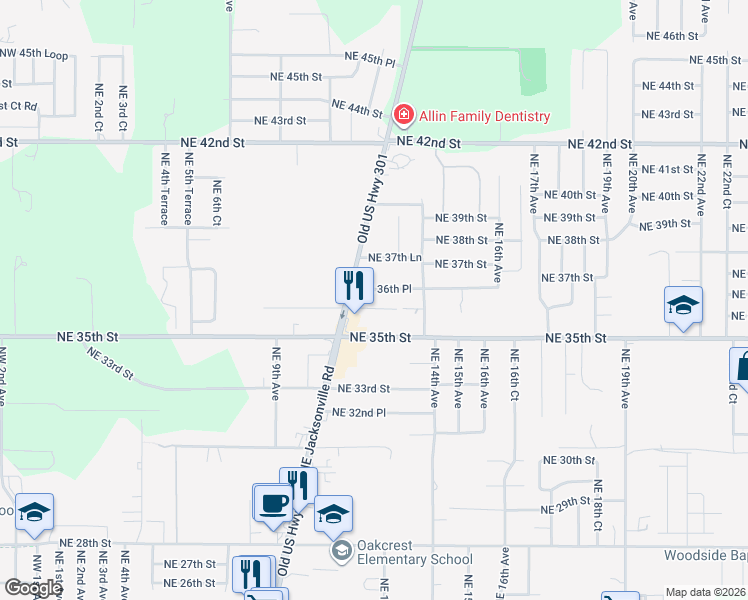 map of restaurants, bars, coffee shops, grocery stores, and more near 1100 Northeast 36th Place in Ocala