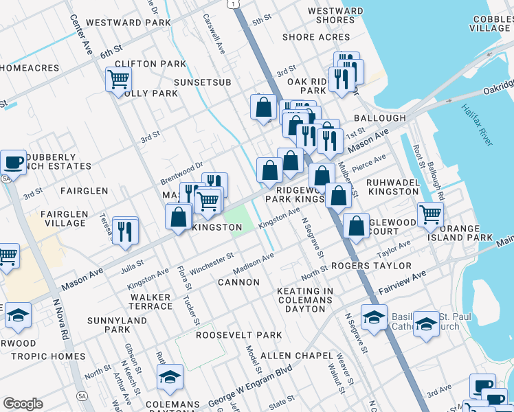 map of restaurants, bars, coffee shops, grocery stores, and more near 517 Mason Ave in Daytona Beach