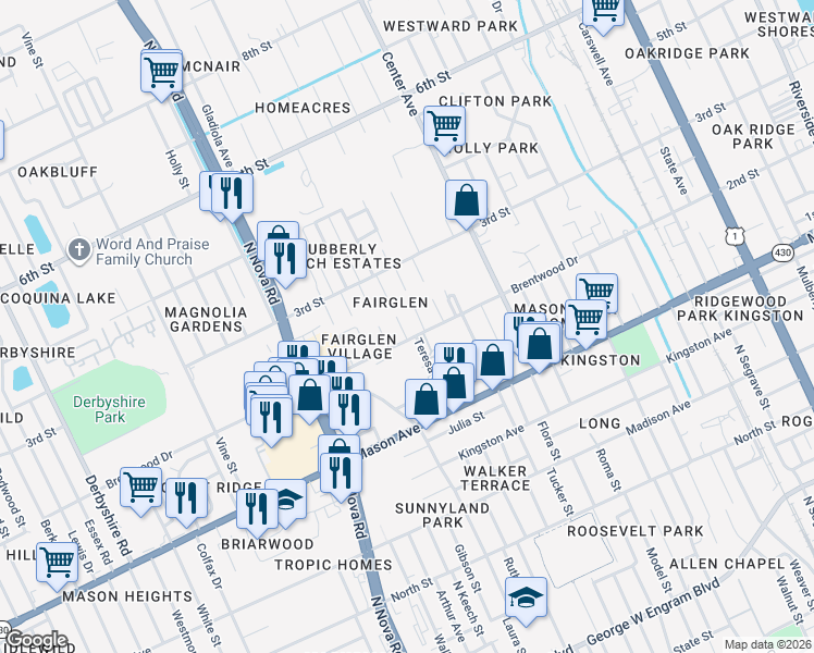 map of restaurants, bars, coffee shops, grocery stores, and more near 905 Damron Street in Daytona Beach