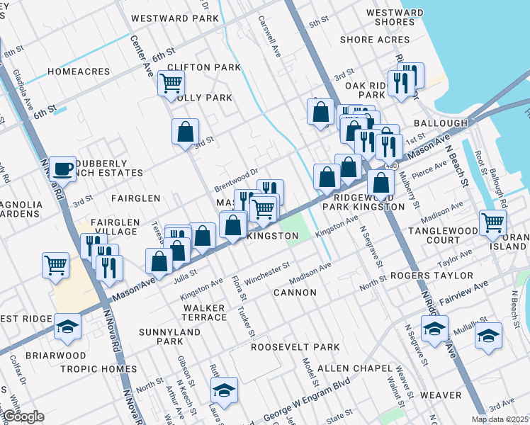 map of restaurants, bars, coffee shops, grocery stores, and more near 104 Palm Drive in Daytona Beach