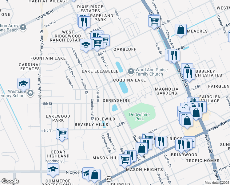 map of restaurants, bars, coffee shops, grocery stores, and more near 885 Derbyshire Road in Daytona Beach