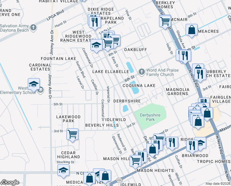 map of restaurants, bars, coffee shops, grocery stores, and more near 1129 Berkshire Road in Daytona Beach