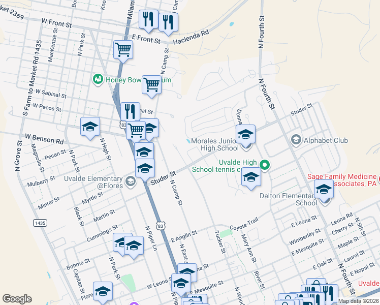 map of restaurants, bars, coffee shops, grocery stores, and more near 24 Rio Seco Drive in Uvalde