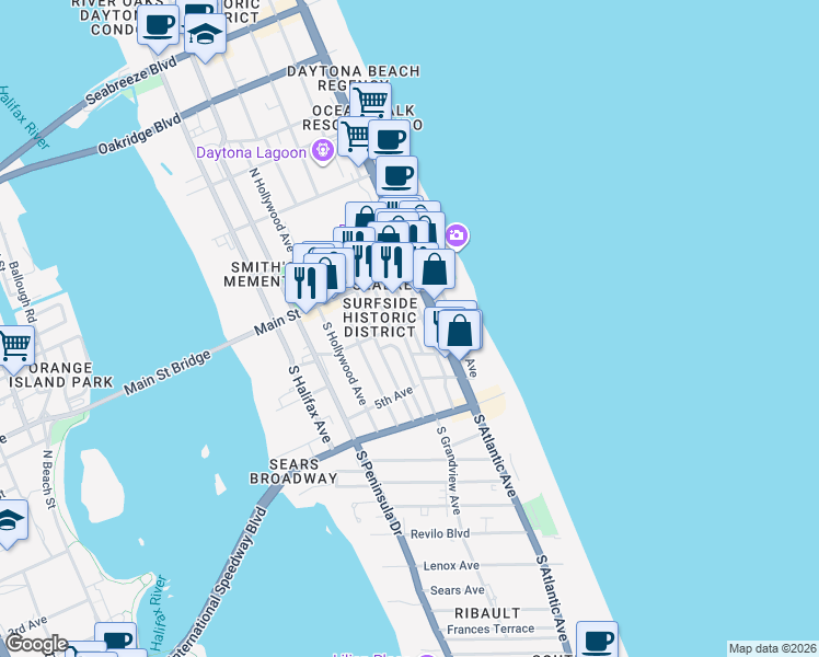 map of restaurants, bars, coffee shops, grocery stores, and more near 611 Harvey Avenue in Daytona Beach