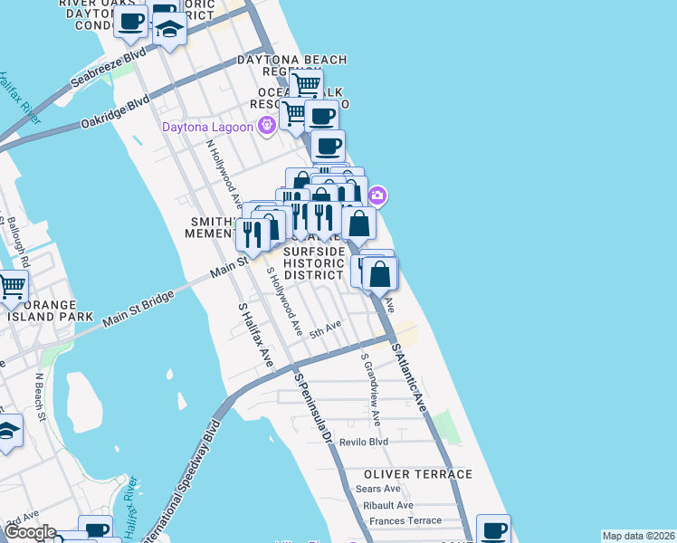 map of restaurants, bars, coffee shops, grocery stores, and more near 611 Harvey Avenue in Daytona Beach