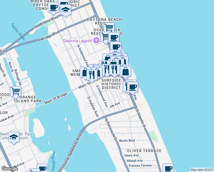 map of restaurants, bars, coffee shops, grocery stores, and more near 37 South Oleander Avenue in Daytona Beach