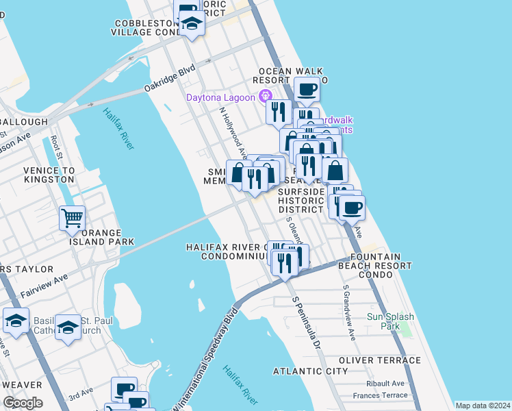 map of restaurants, bars, coffee shops, grocery stores, and more near 21 South Peninsula Drive in Daytona Beach