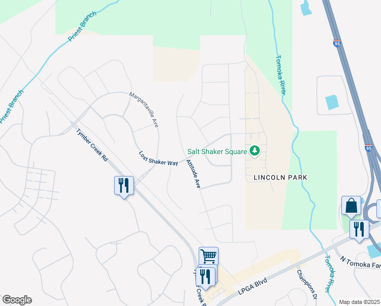 map of restaurants, bars, coffee shops, grocery stores, and more near 581 Lost Shaker Way in Daytona Beach