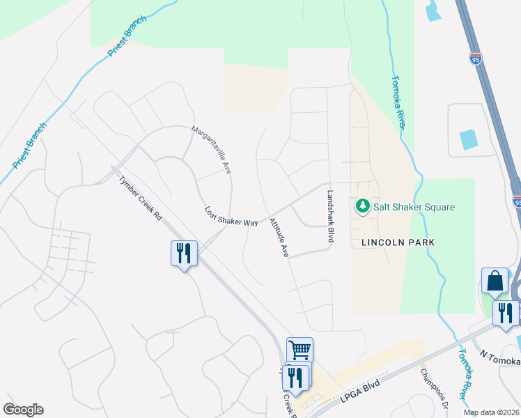 map of restaurants, bars, coffee shops, grocery stores, and more near 570 Lost Shaker Way in Daytona Beach