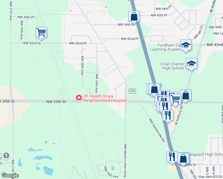 map of restaurants, bars, coffee shops, grocery stores, and more near 1705 Northwest 37th Street in Ocala
