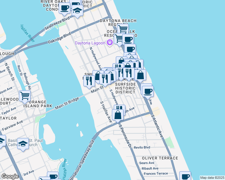 map of restaurants, bars, coffee shops, grocery stores, and more near 23 South Hollywood Avenue in Daytona Beach