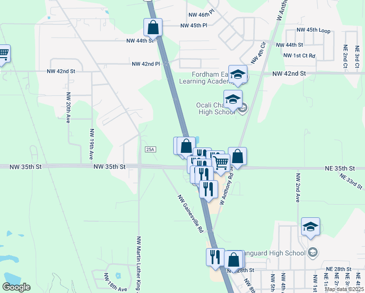 map of restaurants, bars, coffee shops, grocery stores, and more near 3700 North US Highway 441 in Ocala