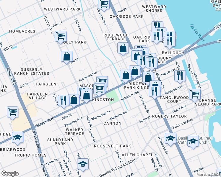 map of restaurants, bars, coffee shops, grocery stores, and more near 580 Florida 430 in Daytona Beach