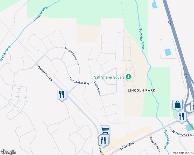 map of restaurants, bars, coffee shops, grocery stores, and more near 581 Lost Shaker Way in Daytona Beach
