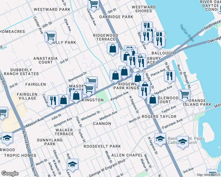 map of restaurants, bars, coffee shops, grocery stores, and more near 517 Mason Avenue in Daytona Beach