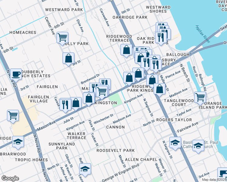 map of restaurants, bars, coffee shops, grocery stores, and more near 580 Florida 430 in Daytona Beach