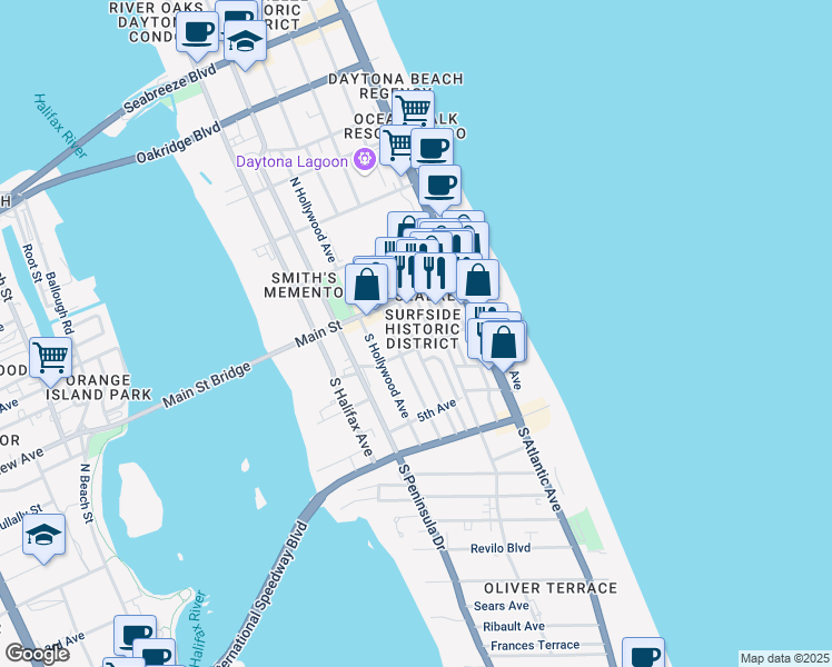 map of restaurants, bars, coffee shops, grocery stores, and more near 611 Harvey Avenue in Daytona Beach