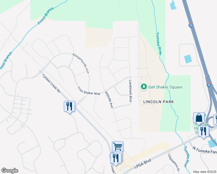 map of restaurants, bars, coffee shops, grocery stores, and more near 581 Lost Shaker Way in Daytona Beach