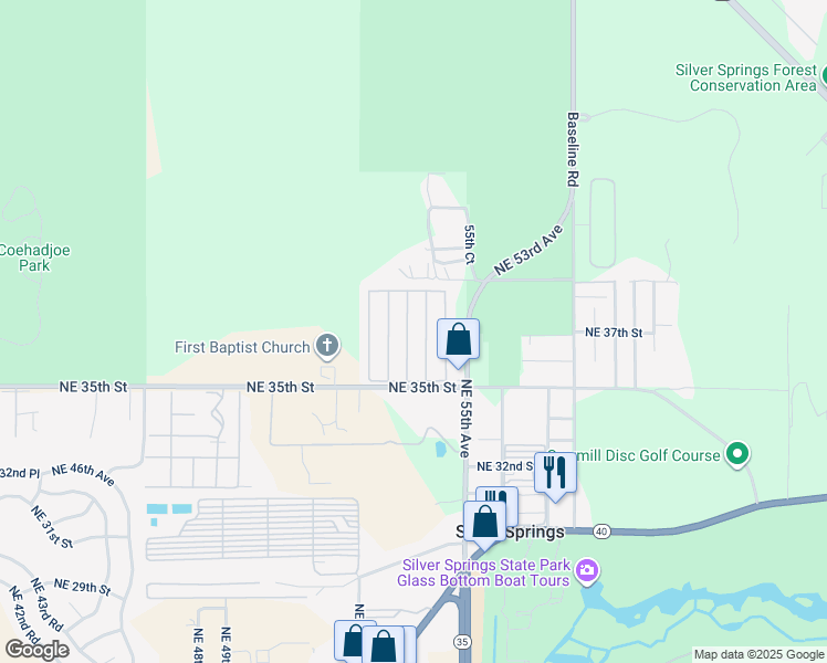 map of restaurants, bars, coffee shops, grocery stores, and more near 5431 Northeast 35th Street in Silver Springs