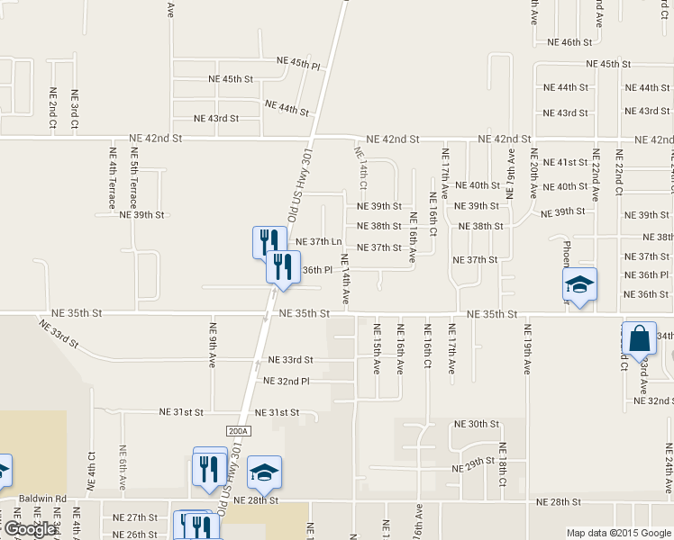 map of restaurants, bars, coffee shops, grocery stores, and more near 1368 Northeast 36th Place in Ocala