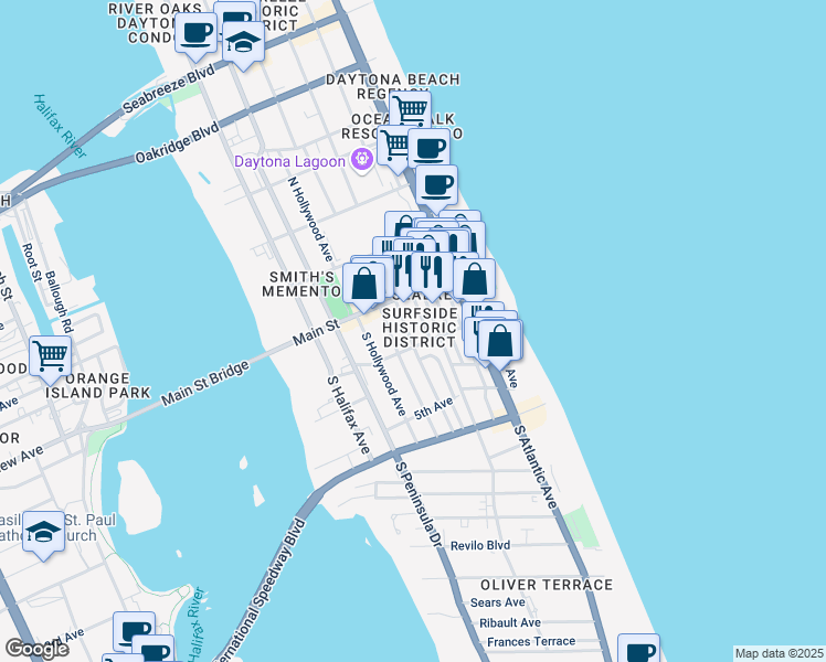map of restaurants, bars, coffee shops, grocery stores, and more near 611 Harvey Avenue in Daytona Beach