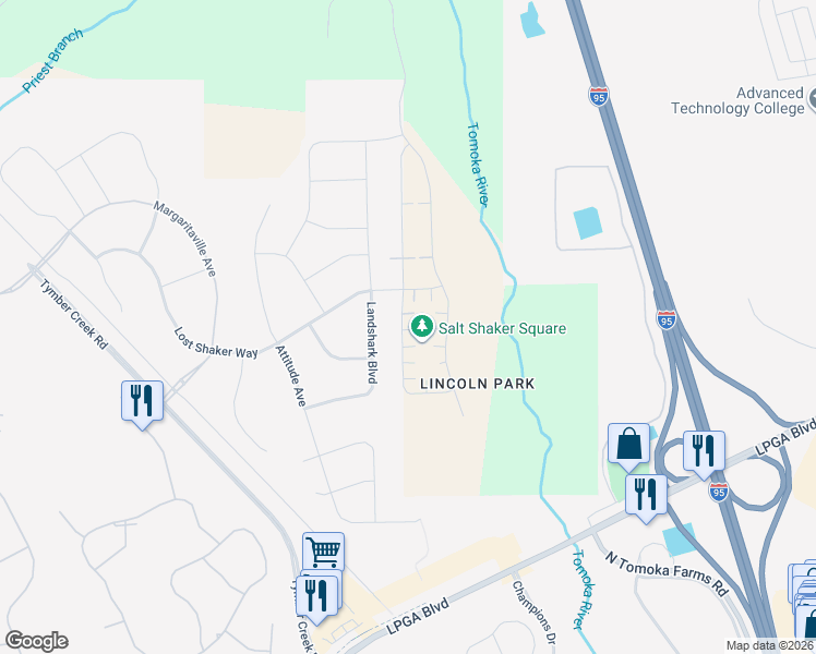 map of restaurants, bars, coffee shops, grocery stores, and more near Land Shark Boulevard in Daytona Beach
