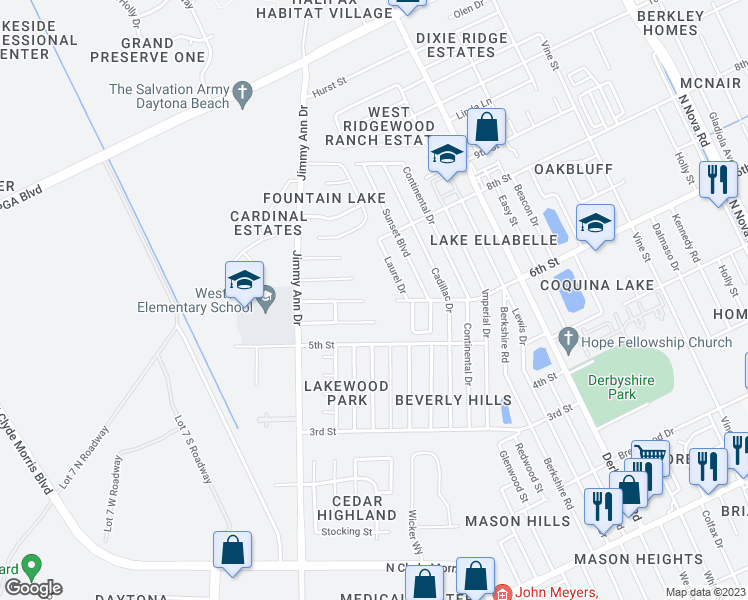 map of restaurants, bars, coffee shops, grocery stores, and more near 1607 Piccadilly Drive in Daytona Beach