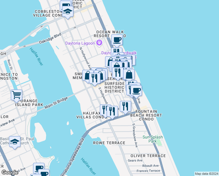 map of restaurants, bars, coffee shops, grocery stores, and more near 37 South Oleander Avenue in Daytona Beach