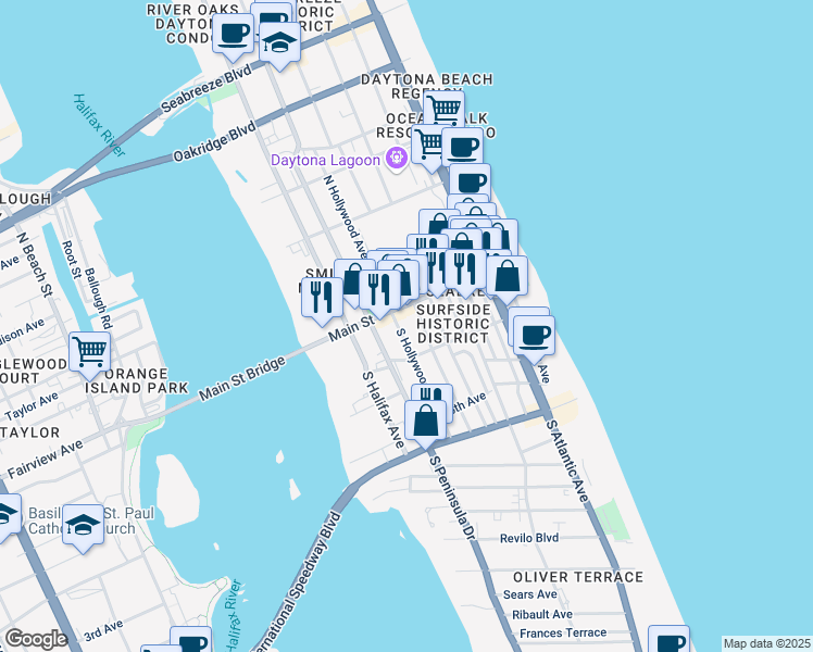 map of restaurants, bars, coffee shops, grocery stores, and more near 21 South Peninsula Drive in Daytona Beach