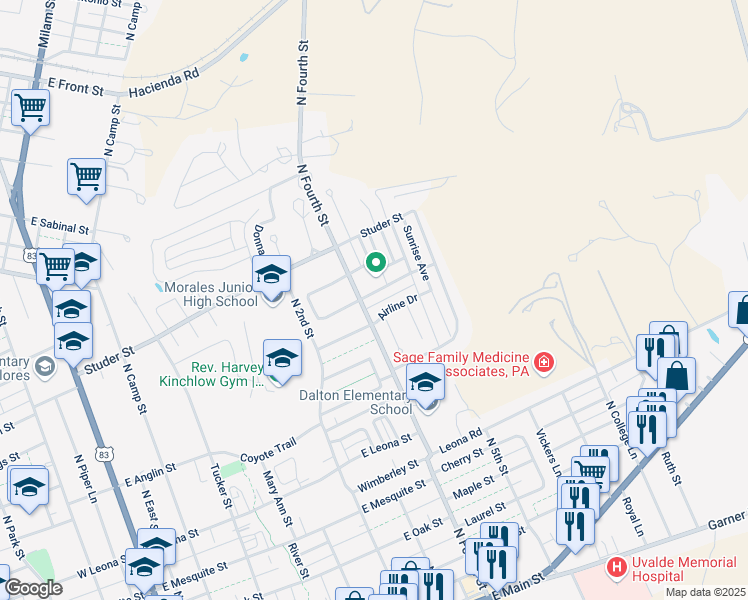 map of restaurants, bars, coffee shops, grocery stores, and more near 805 Skylane Drive South in Uvalde