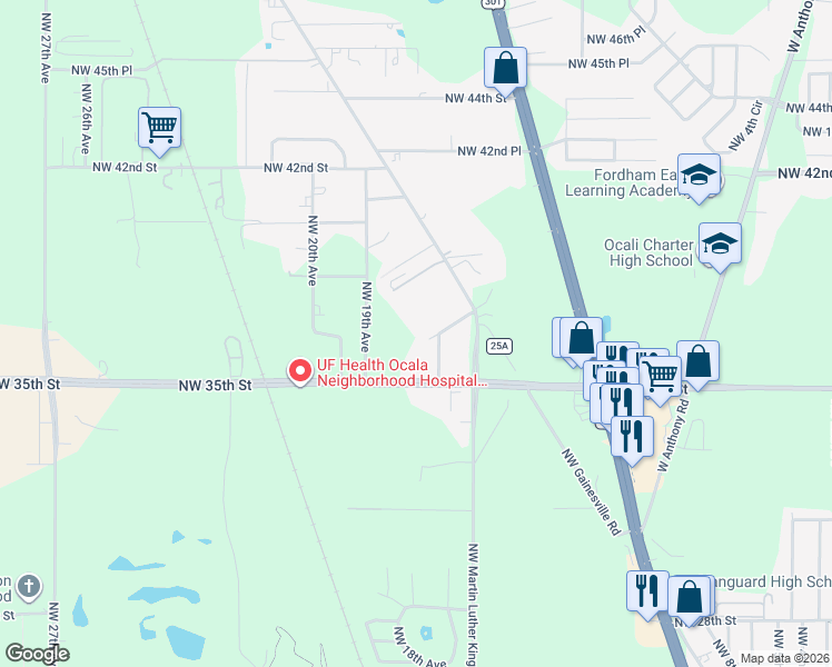 map of restaurants, bars, coffee shops, grocery stores, and more near 1705 Northwest 37th Street in Ocala