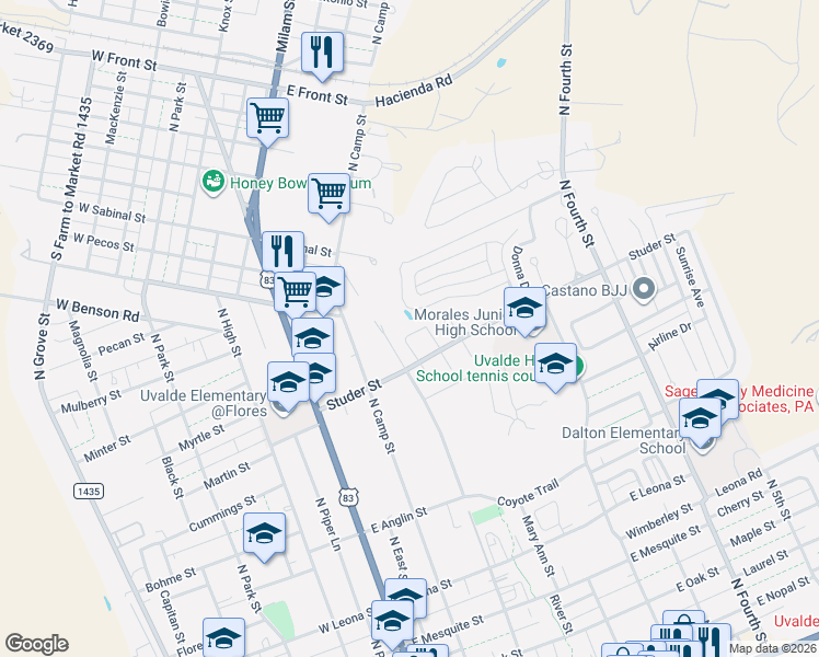 map of restaurants, bars, coffee shops, grocery stores, and more near 24 Rio Seco in Uvalde