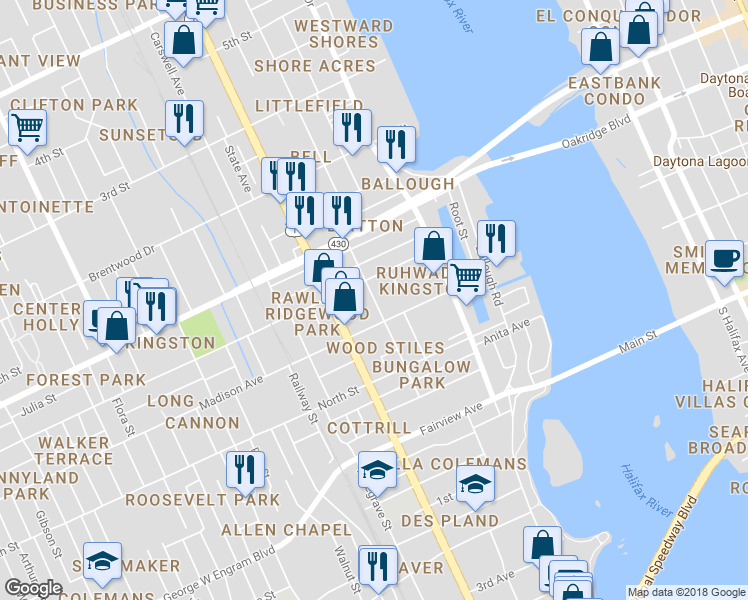 map of restaurants, bars, coffee shops, grocery stores, and more near 720 Mulberry Street in Daytona Beach