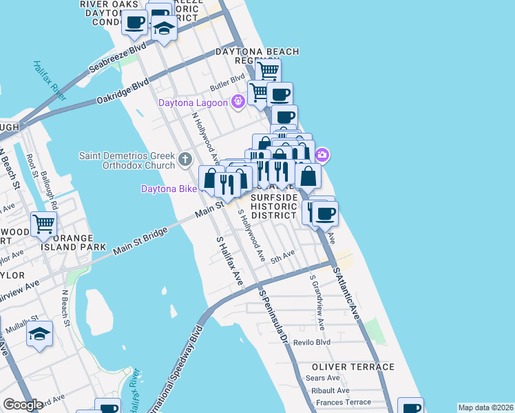 map of restaurants, bars, coffee shops, grocery stores, and more near 37 South Oleander Avenue in Daytona Beach