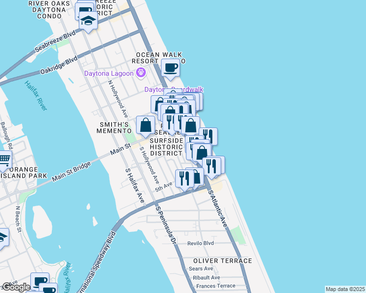 map of restaurants, bars, coffee shops, grocery stores, and more near 108 South Atlantic Avenue in Daytona Beach