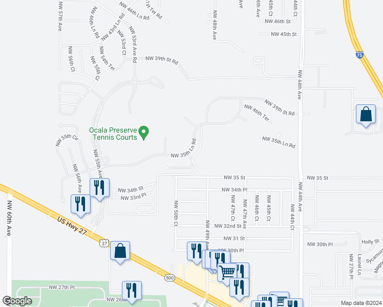 map of restaurants, bars, coffee shops, grocery stores, and more near 5024 Northwest 35th Lane Road in Ocala