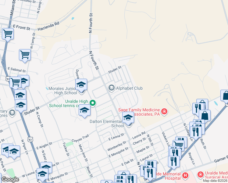 map of restaurants, bars, coffee shops, grocery stores, and more near 805 Skylane Drive South in Uvalde