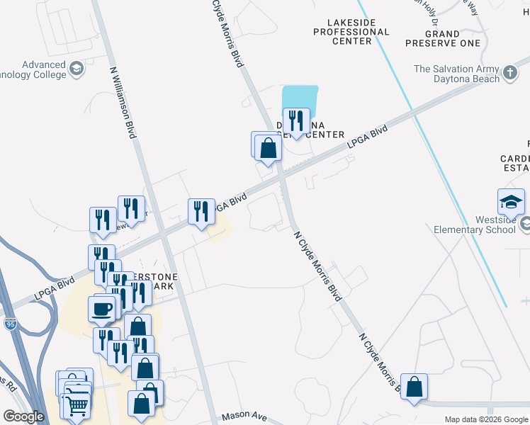 map of restaurants, bars, coffee shops, grocery stores, and more near 1240-1598 North Clyde Morris Boulevard in Daytona Beach