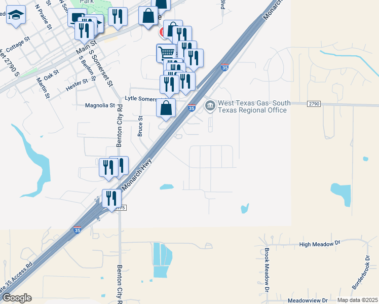 map of restaurants, bars, coffee shops, grocery stores, and more near 19876 Interstate 35 Access Road in Lytle