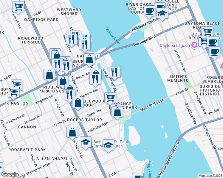 map of restaurants, bars, coffee shops, grocery stores, and more near 619 North Beach Street in Daytona Beach