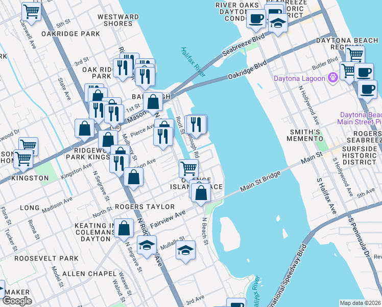 map of restaurants, bars, coffee shops, grocery stores, and more near 619 North Beach Street in Daytona Beach