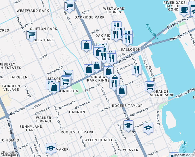 map of restaurants, bars, coffee shops, grocery stores, and more near 800 North Segrave Street in Daytona Beach