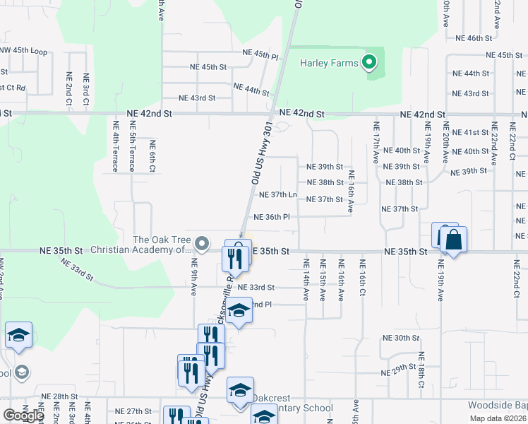 map of restaurants, bars, coffee shops, grocery stores, and more near 1100 NE 36th Pl in Ocala