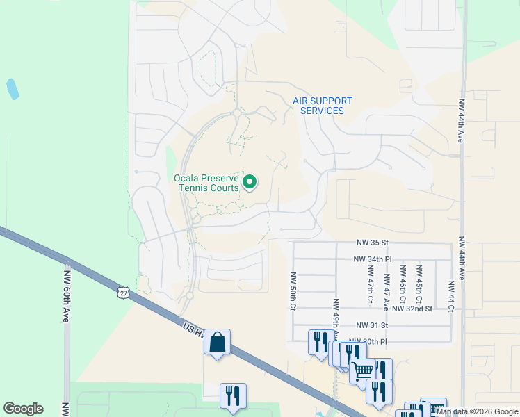 map of restaurants, bars, coffee shops, grocery stores, and more near 5160 Northwest 35th Lane Road in Ocala