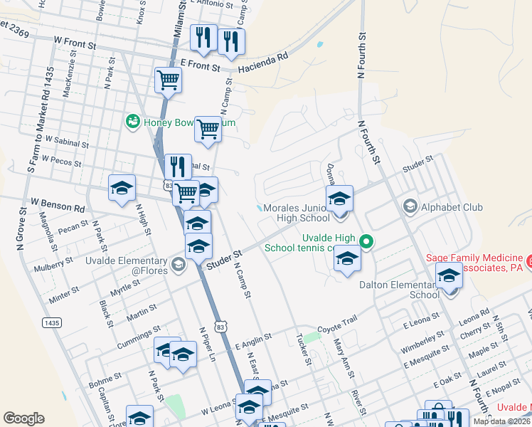 map of restaurants, bars, coffee shops, grocery stores, and more near 24 Rio Seco in Uvalde