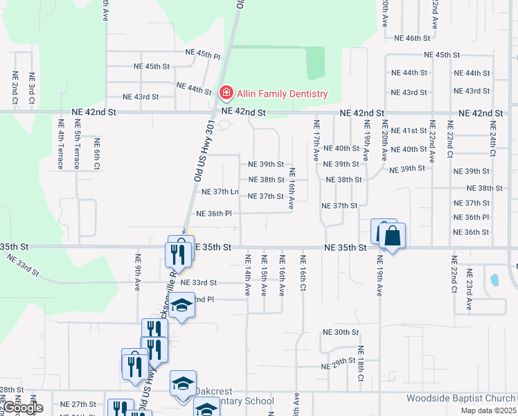 map of restaurants, bars, coffee shops, grocery stores, and more near 3630 Northeast 15th Avenue in Ocala