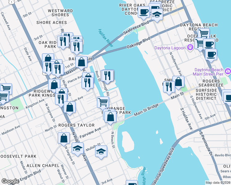 map of restaurants, bars, coffee shops, grocery stores, and more near 211 Lexington Drive in Daytona Beach