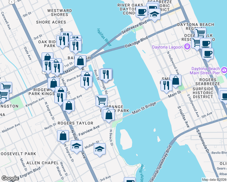 map of restaurants, bars, coffee shops, grocery stores, and more near 211 Lexington Drive in Daytona Beach