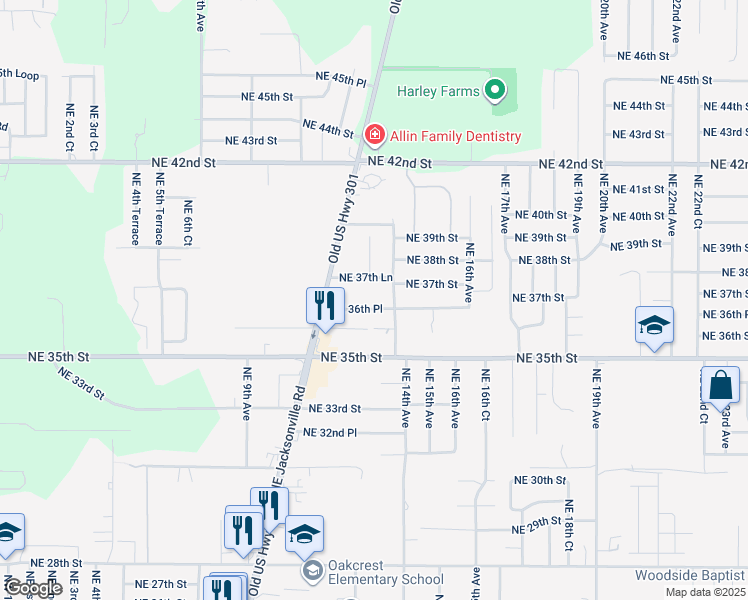 map of restaurants, bars, coffee shops, grocery stores, and more near 1368 Northeast 36th Place in Ocala